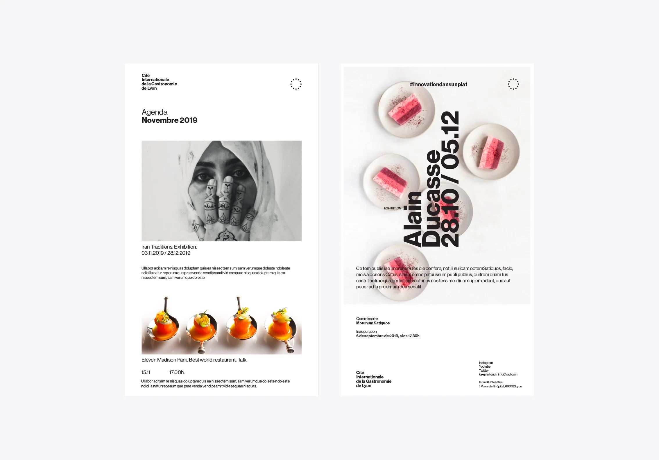 Dos páginas de una agenda y un cartel de evento. La primera página muestra a una persona con tatuajes en las manos y la segunda página anuncia una exhibición del artista Alain Ducasse del 28 de mayo al 12 de junio, con fotos de postres en platos blancos.