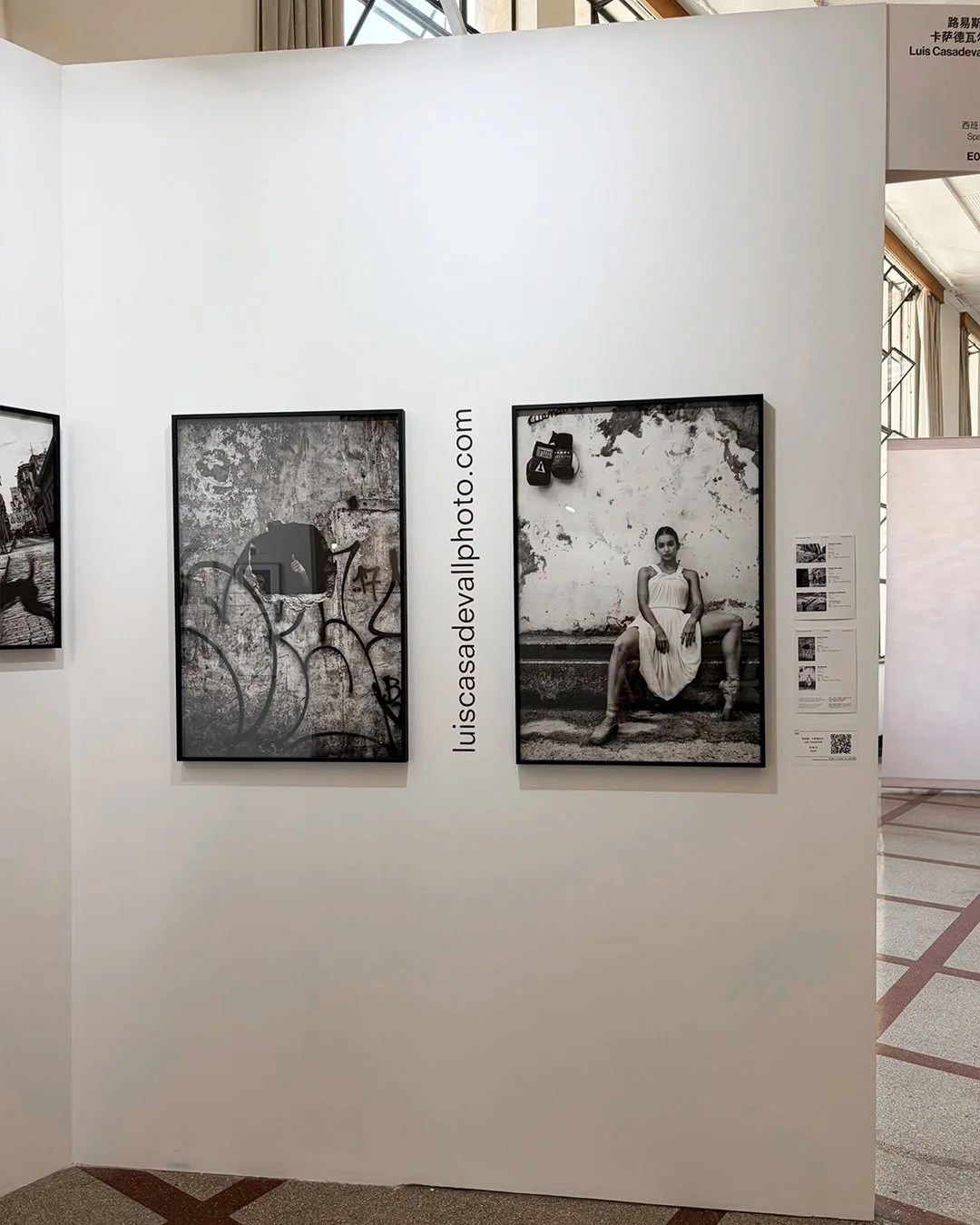 Exposición de fotografías en blanco y negro en una galería de arte, mostrando una mujer en una escalinata y un muro con graffiti.