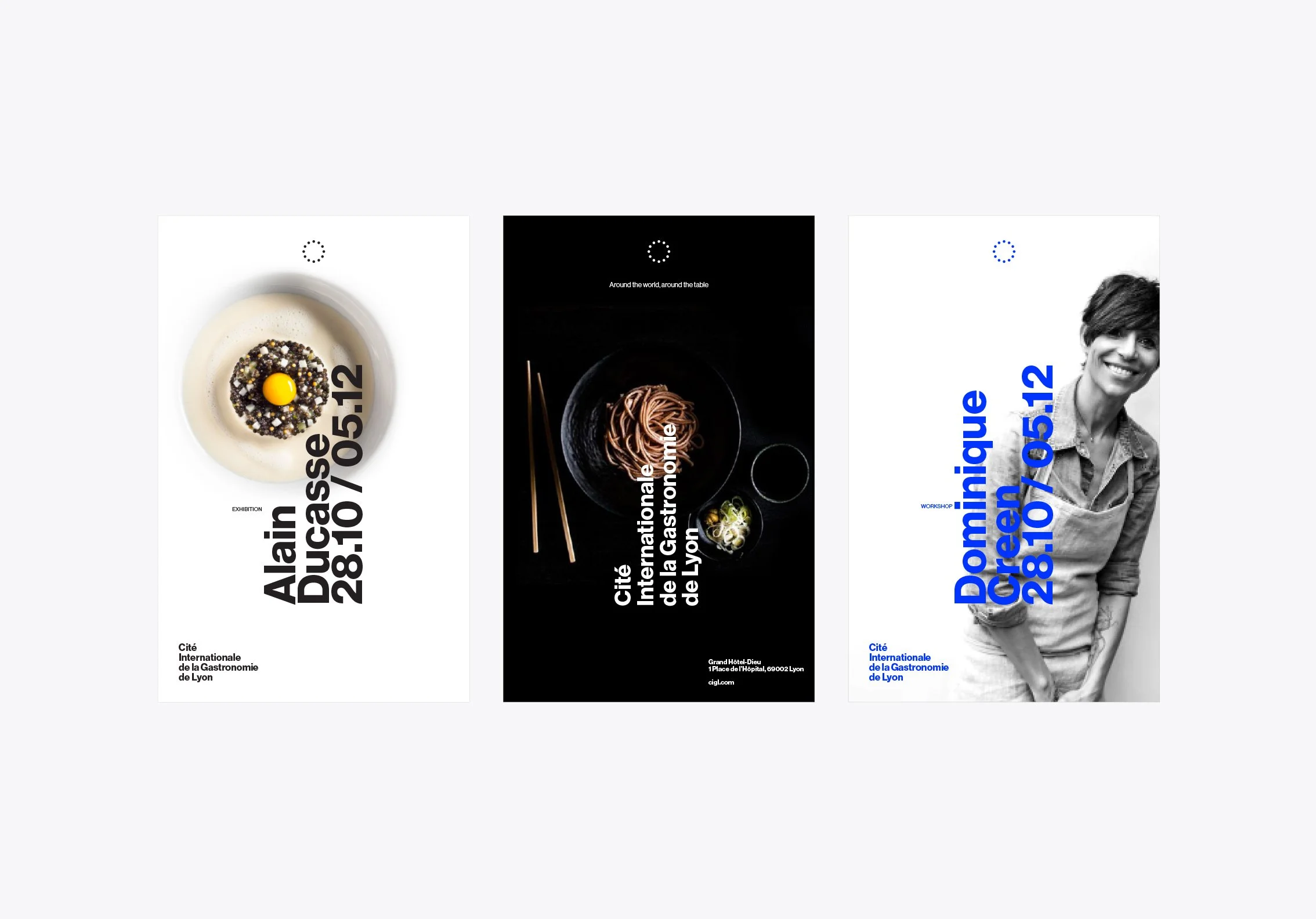 Tres carteles promocionales de eventos y talleres en Lyon, con fechas del 28 de octubre al 5 de diciembre, con imágenes relacionadas con gastronomía y una mujer sonriendo.