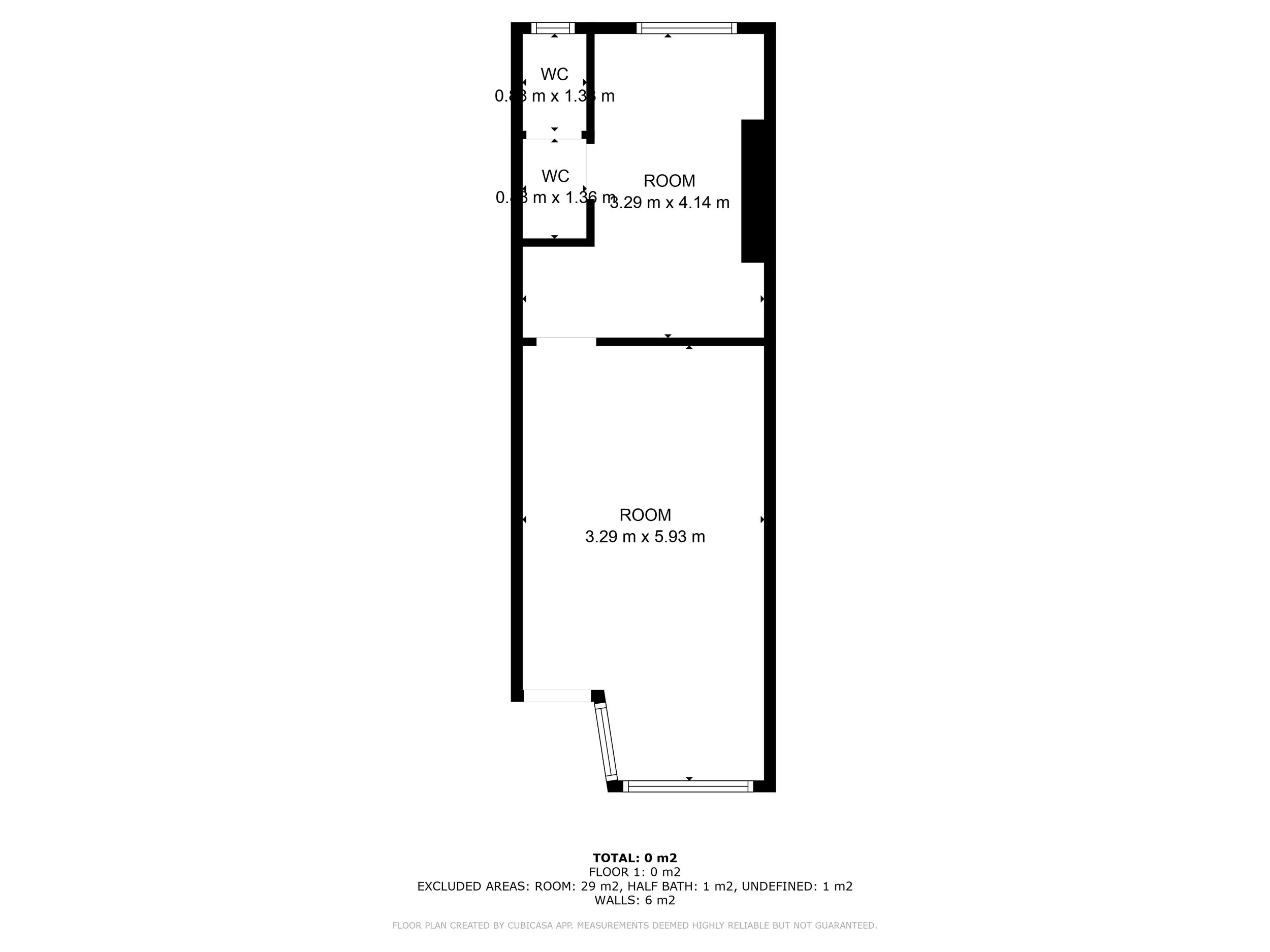 Floor plan showing two rooms, two small bathrooms labeled WC, and a large open area in the middle. Measurements are provided in meters.