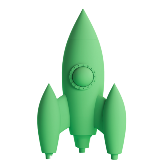 A small green toy rocket with a pointed nose and four fins, designed for children.