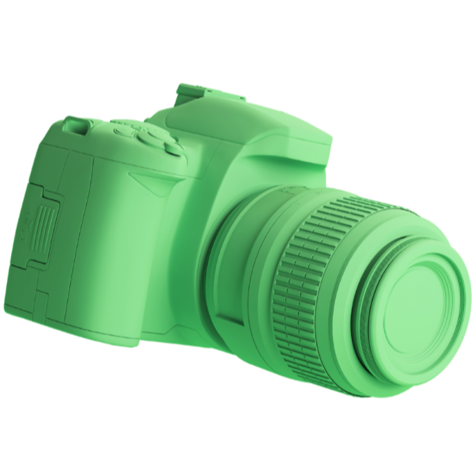 Green silhouette of a digital camera with a large lens.