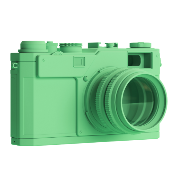 Green camera with large lens and vintage design.