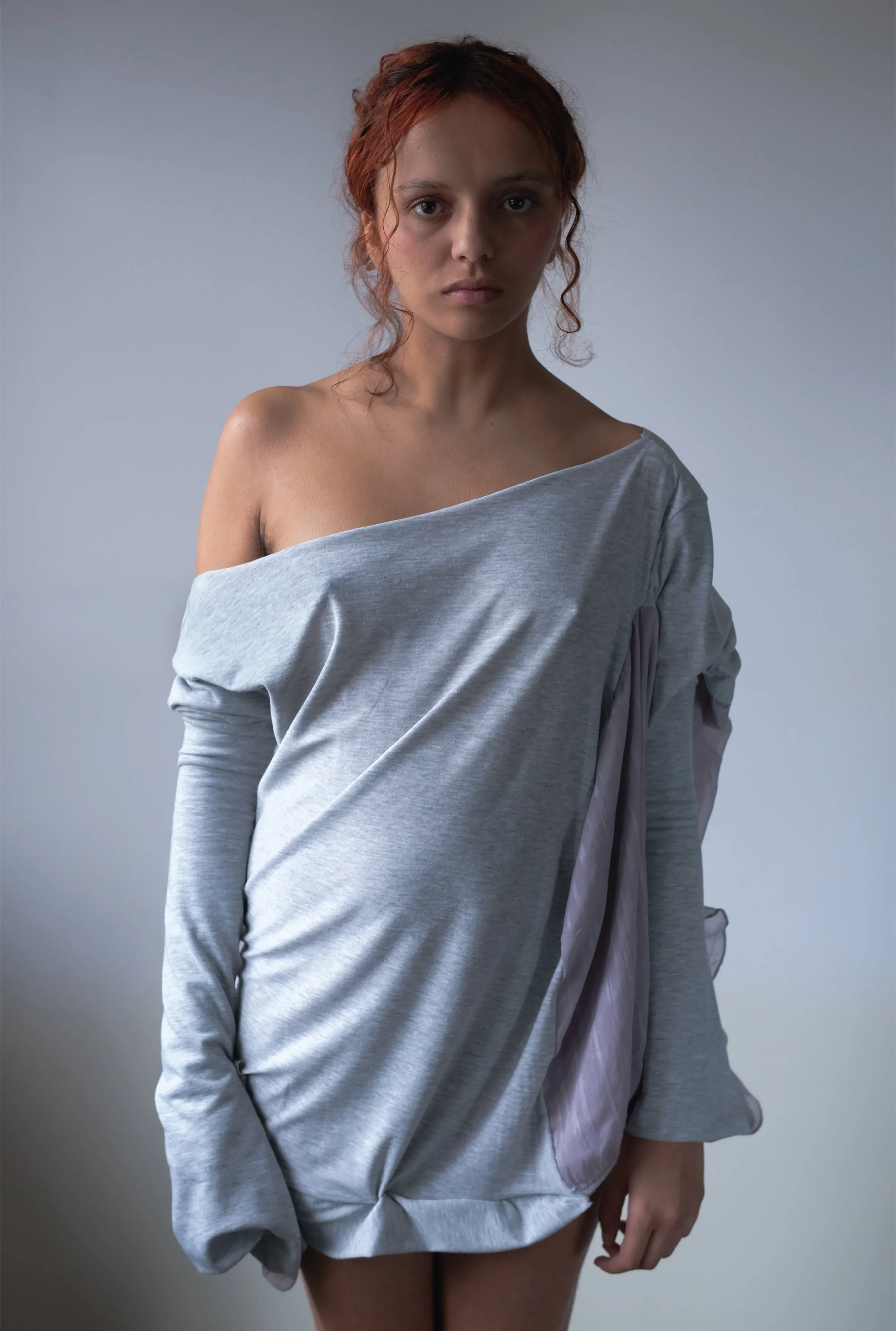 Grey and purple off-shoulder top