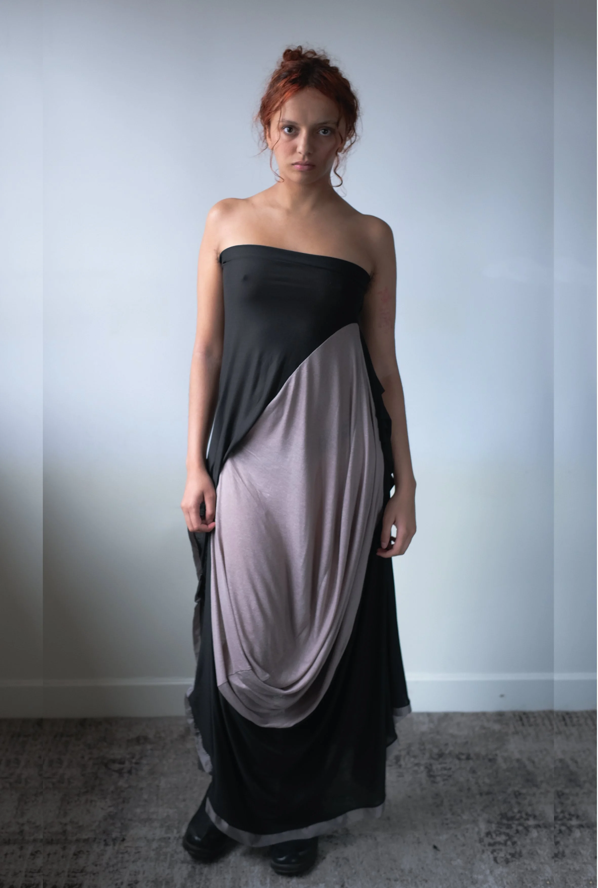 Dark green and purple long draped corset dress