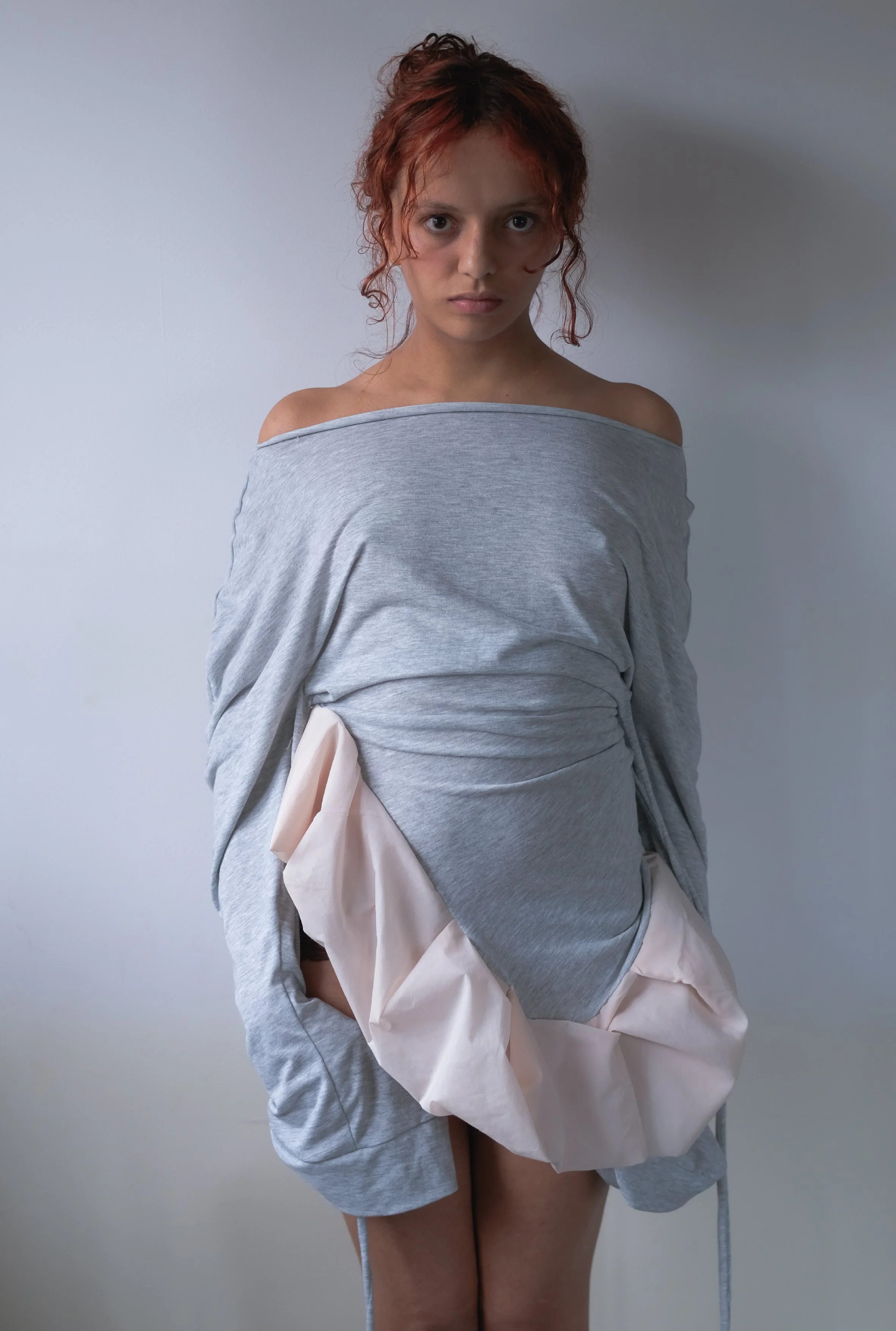 Grey and pink ruffled top