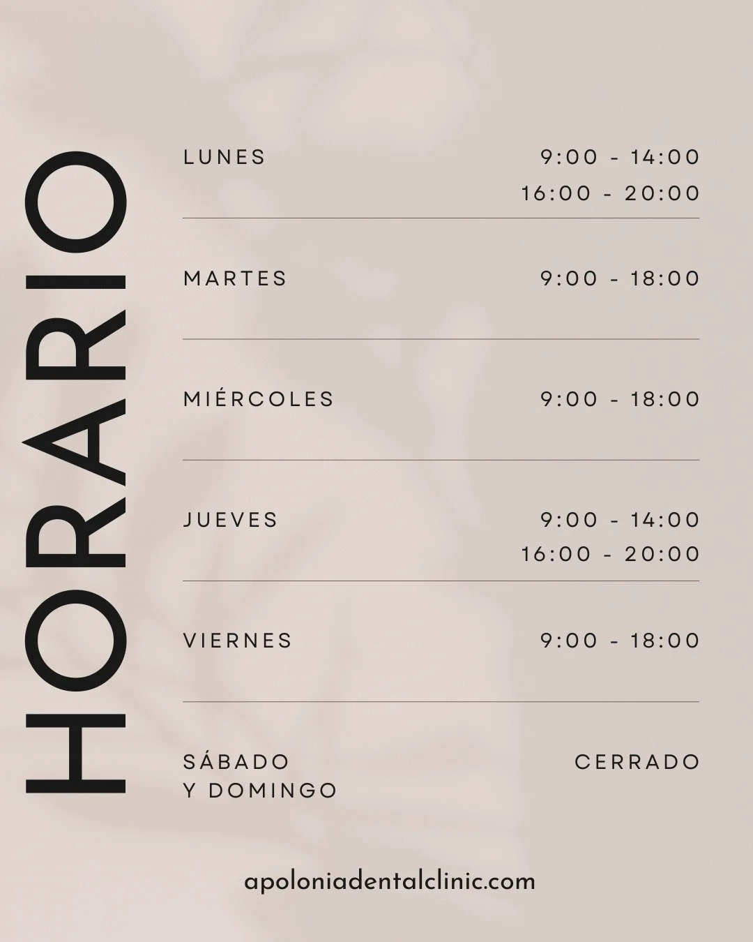📍 Cl&iacute;nica Dental Apolonia &ndash; Valladolid
🕓 Horario de atenci&oacute;n:
🦷 Lunes y jueves: 9:00 &ndash; 14:00 / 16:00 &ndash; 20:00
🦷 Martes, mi&eacute;rcoles y viernes: 9:00 &ndash; 18:00 (jornada continua)
🦷 S&aacute;bados y domingos: