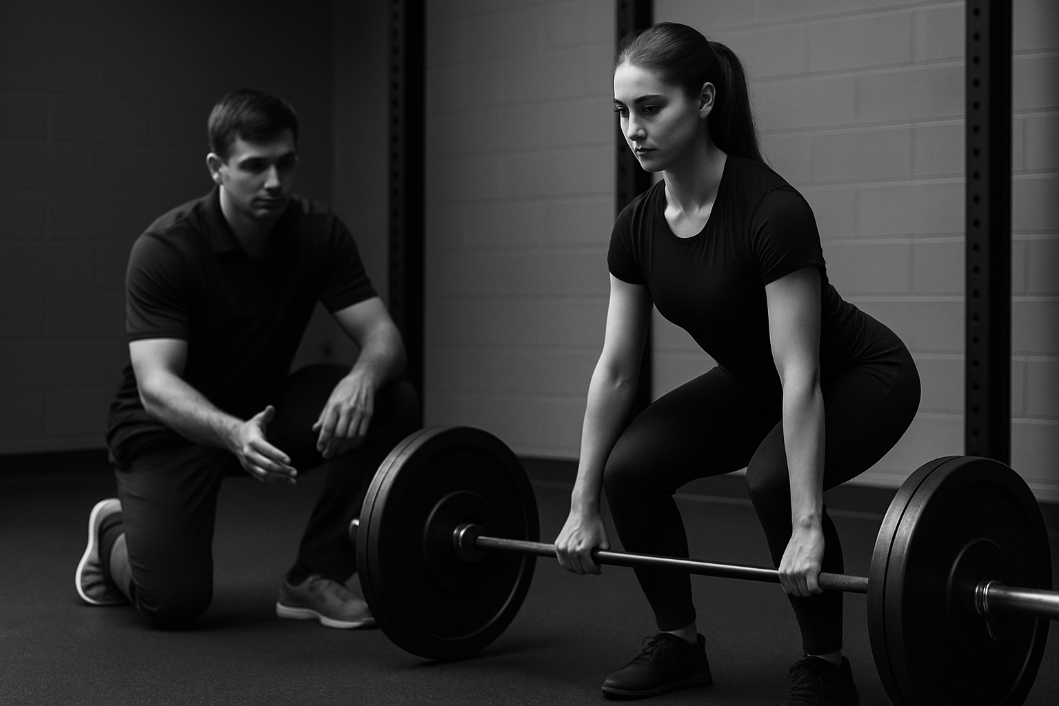 A woman in black sportswear performing a deadlift while a male trainer observes and guides her in a gym.