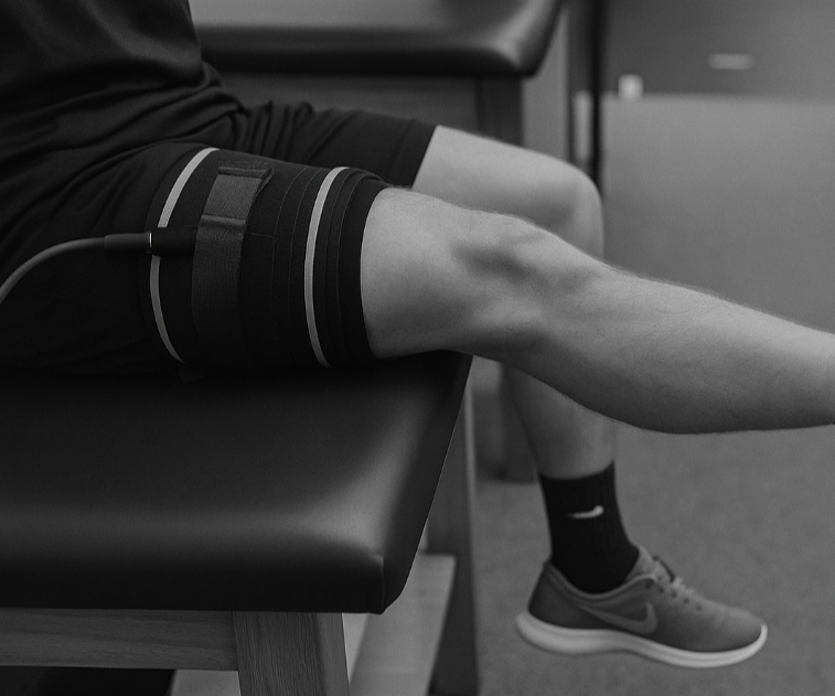A person sitting on a black leather bench with a blood pressure cuff on their arm, wearing athletic shorts, a black shirt, black Nike socks, and gray athletic shoes.