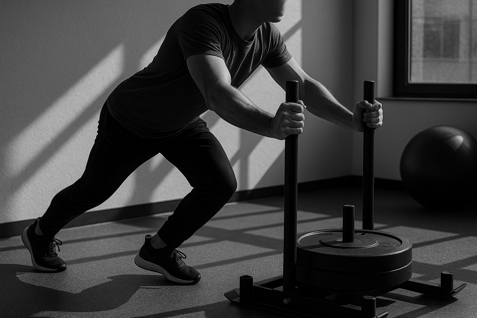 Man pushing a weighted sled in a gym, with a large exercise ball nearby and sunlight coming through a window.