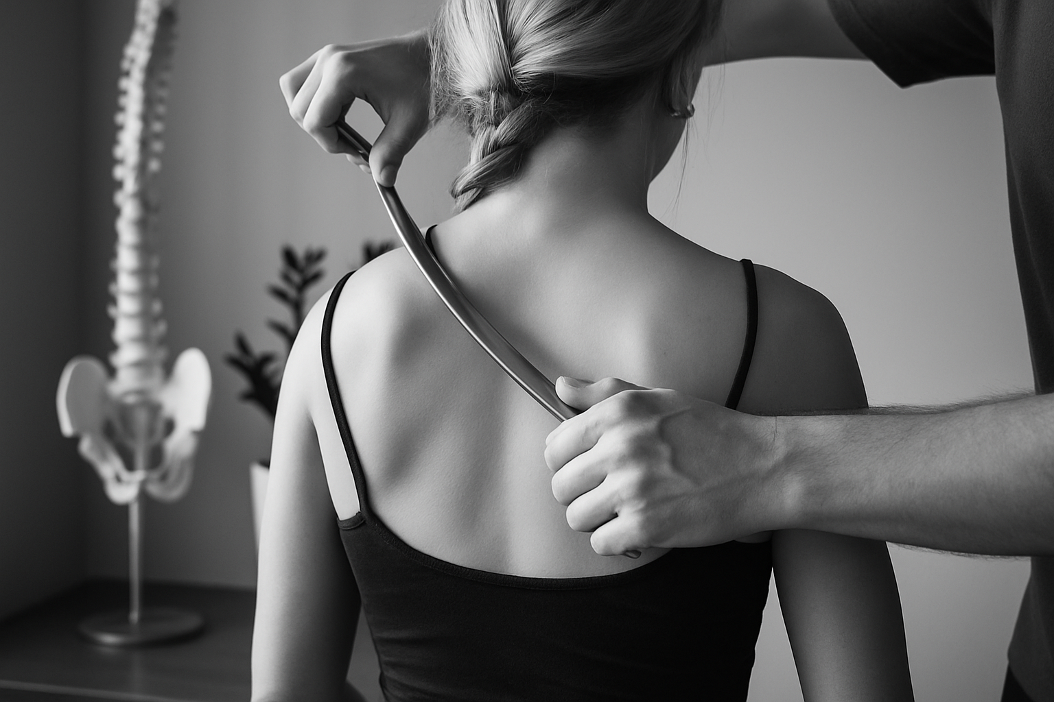 A person, likely a doctor, examines a young woman with a stethoscope on her back in a medical office. In the background, there is a skeleton model and a potted plant.
