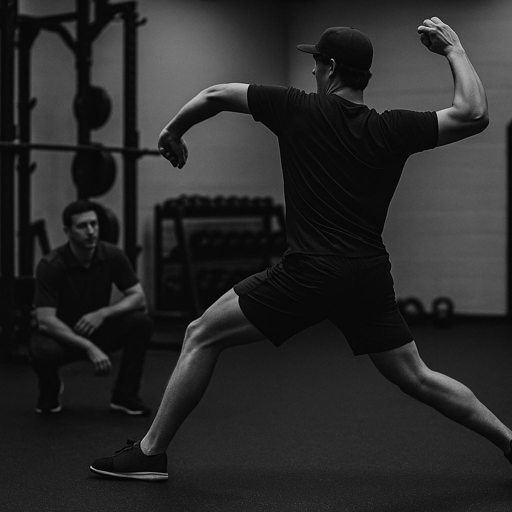 A man in a cap and athletic clothing is performing a stretching or warm-up exercise in a gym, with another person kneeling and observing in the background.