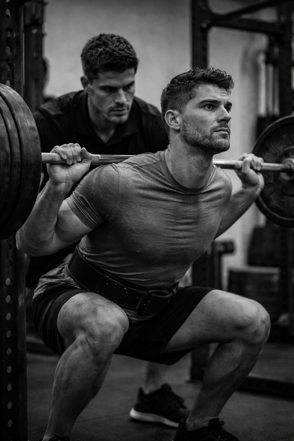 A man performing a squat with a loaded barbell while a trainer watches in a gym