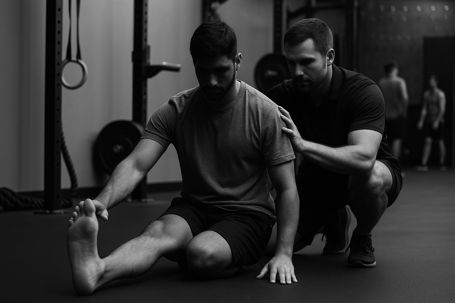 A physical therapist assisting a man stretching his leg in a gym, with equipment and other people working out in the background.