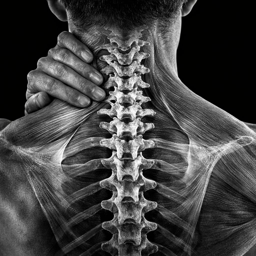 Black and white medical illustration of a person's back, showing the spine, neck, shoulder muscles, and an hand touching the neck.