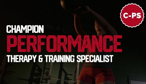 A female athlete lifting a kettlebell in a gym with text promoting performance therapy and training services.
