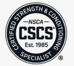 Circular logo for Certified Strength & Conditioning Specialist (CSCS), established in 1985, by NSCA, indicating expertise in certified strength training and conditioning.