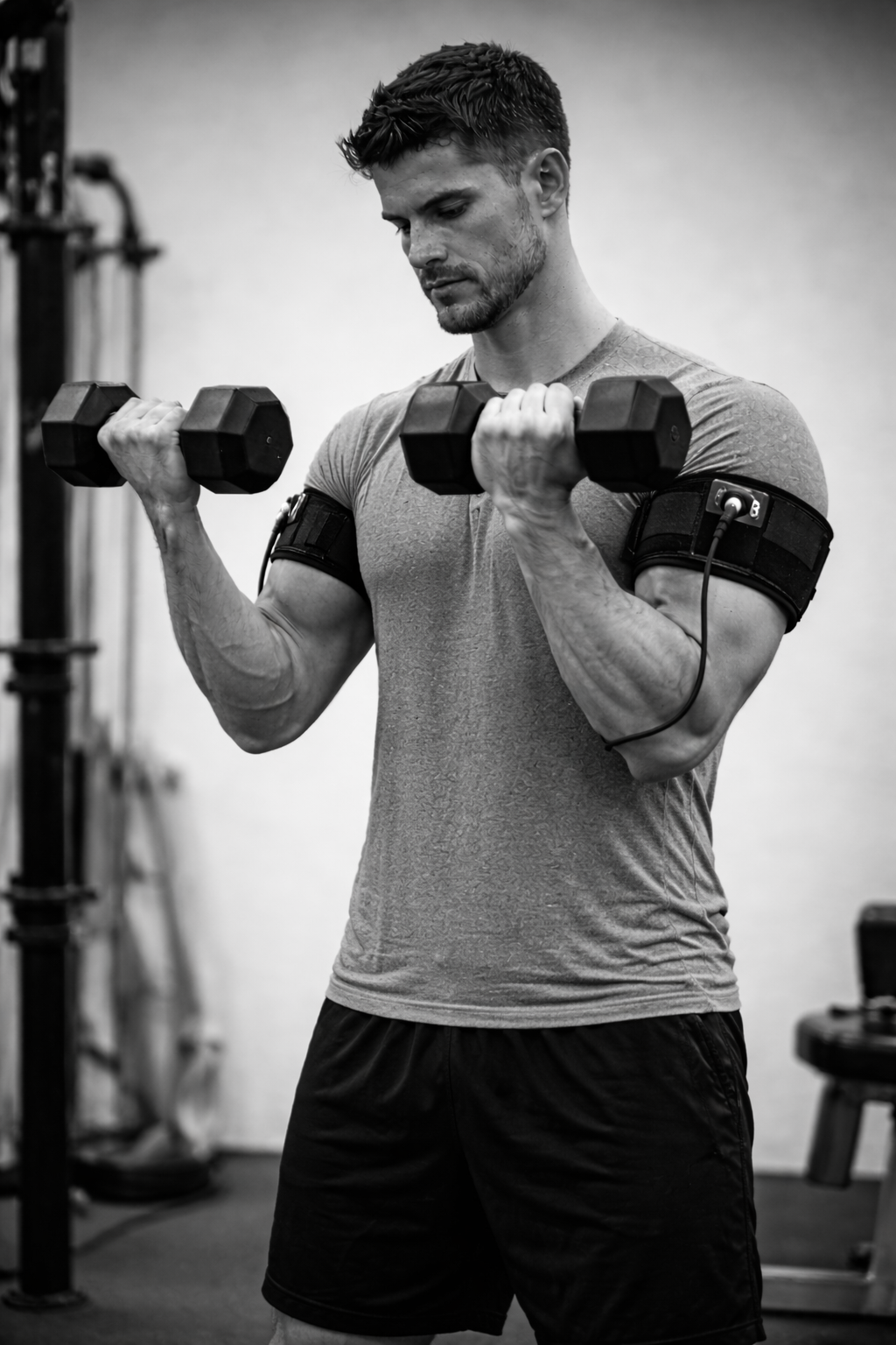 A man in a gym, lifting dumbbells, wearing armbands with sensors, in black and white photo.