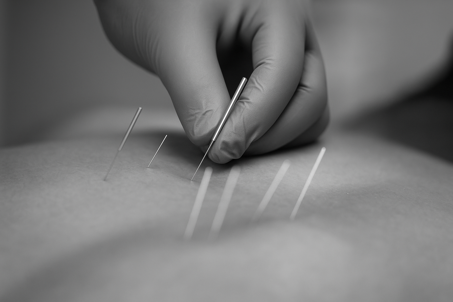 A person wearing medical gloves inserting sterilized acupuncture needles into a patient's skin during acupuncture treatment.