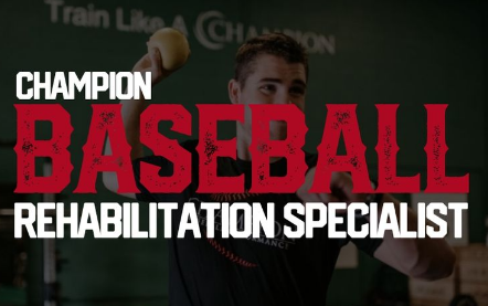 A person holding a baseball in front of a training facility with the text 'Champion Baseball Rehabilitation Specialist' on the image.
