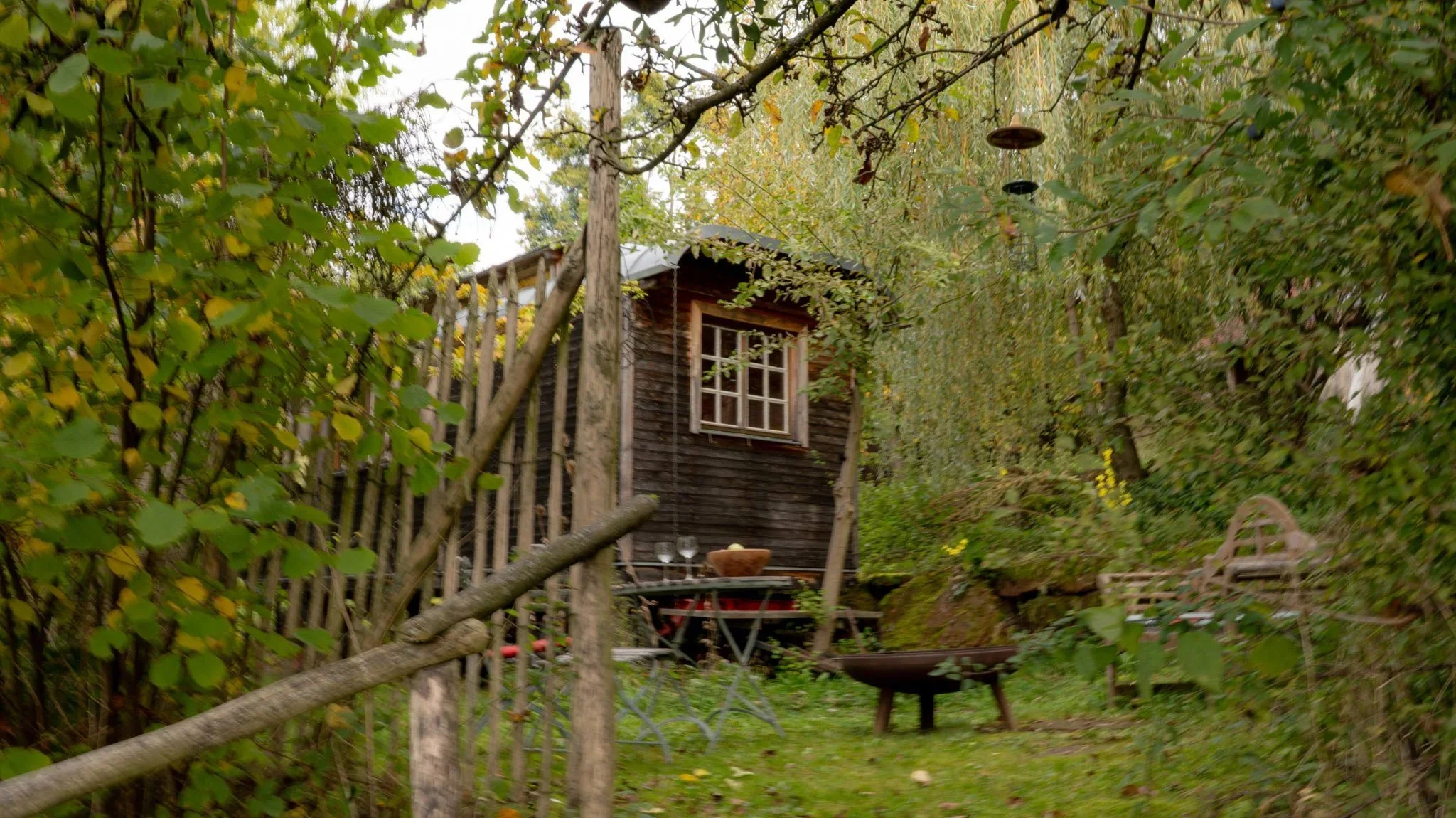 Garten mit Holzhaus, Tisch, Stühlen, Feuerstelle und umgeben von Bäumen und Sträuchern im herbstlichen Gartenambiente.