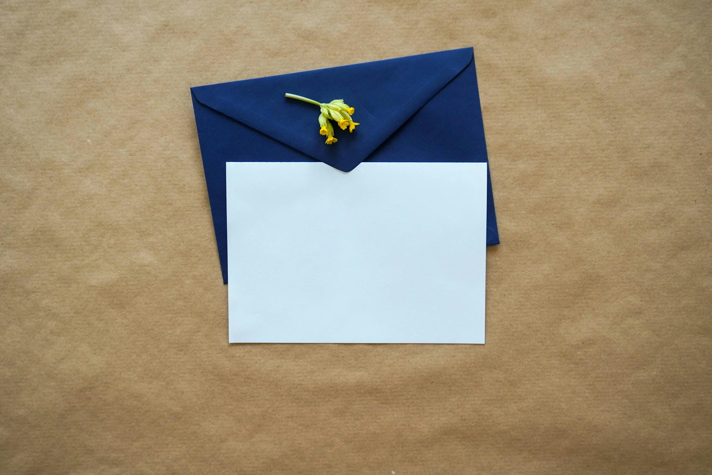 A blue envelope, a white card, and a small bunch of yellow flowers on brown paper background.