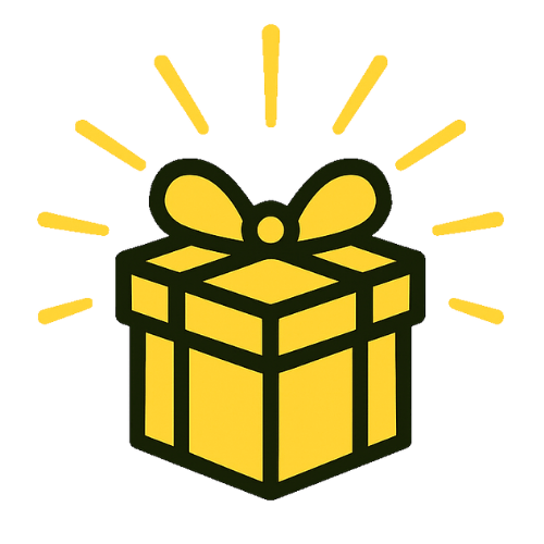 Illustration of a yellow gift box with a bow, emitting rays of light.