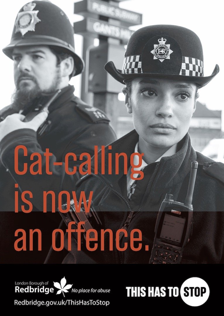 This Has to Stop Poster showing one male and one female police officer, with the writing 'Sexist street harassment is now an offence.'