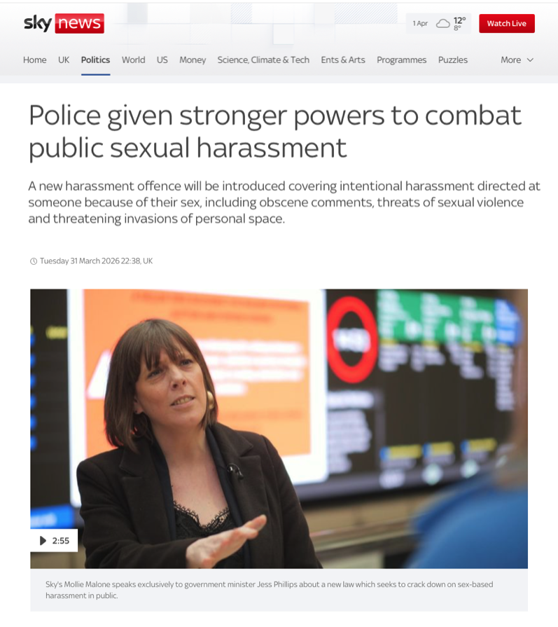 Sky News webpage, with the headline 'Police given stronger powers to combat public sexual harassment,' showing MP Jess Philips