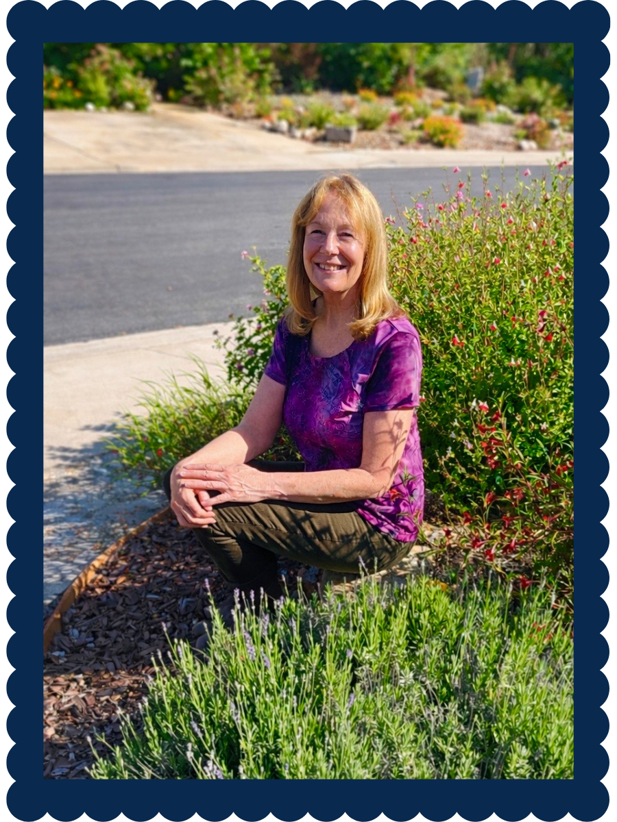 Framed photo of Lisa Garvey sitting in her garden