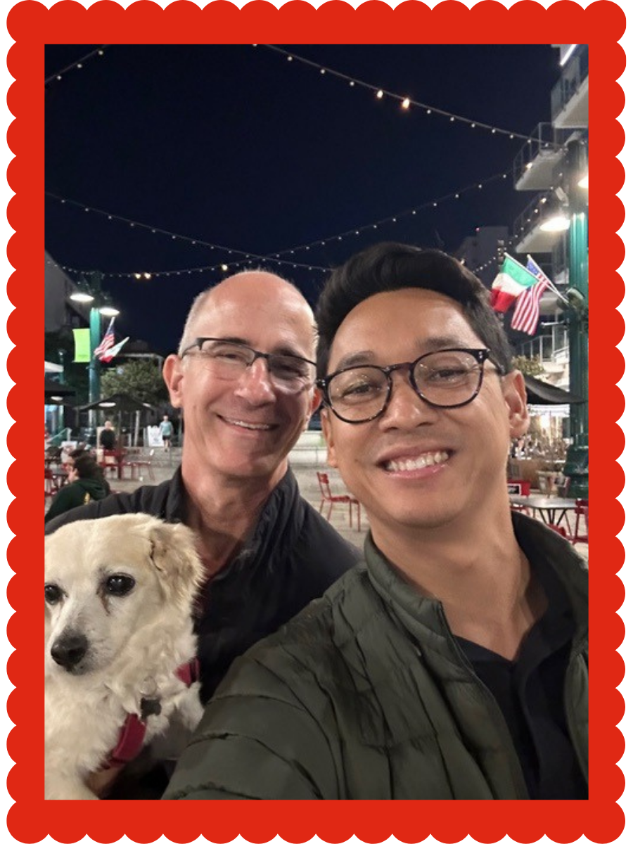 Framed image of a man, his partner and his dog