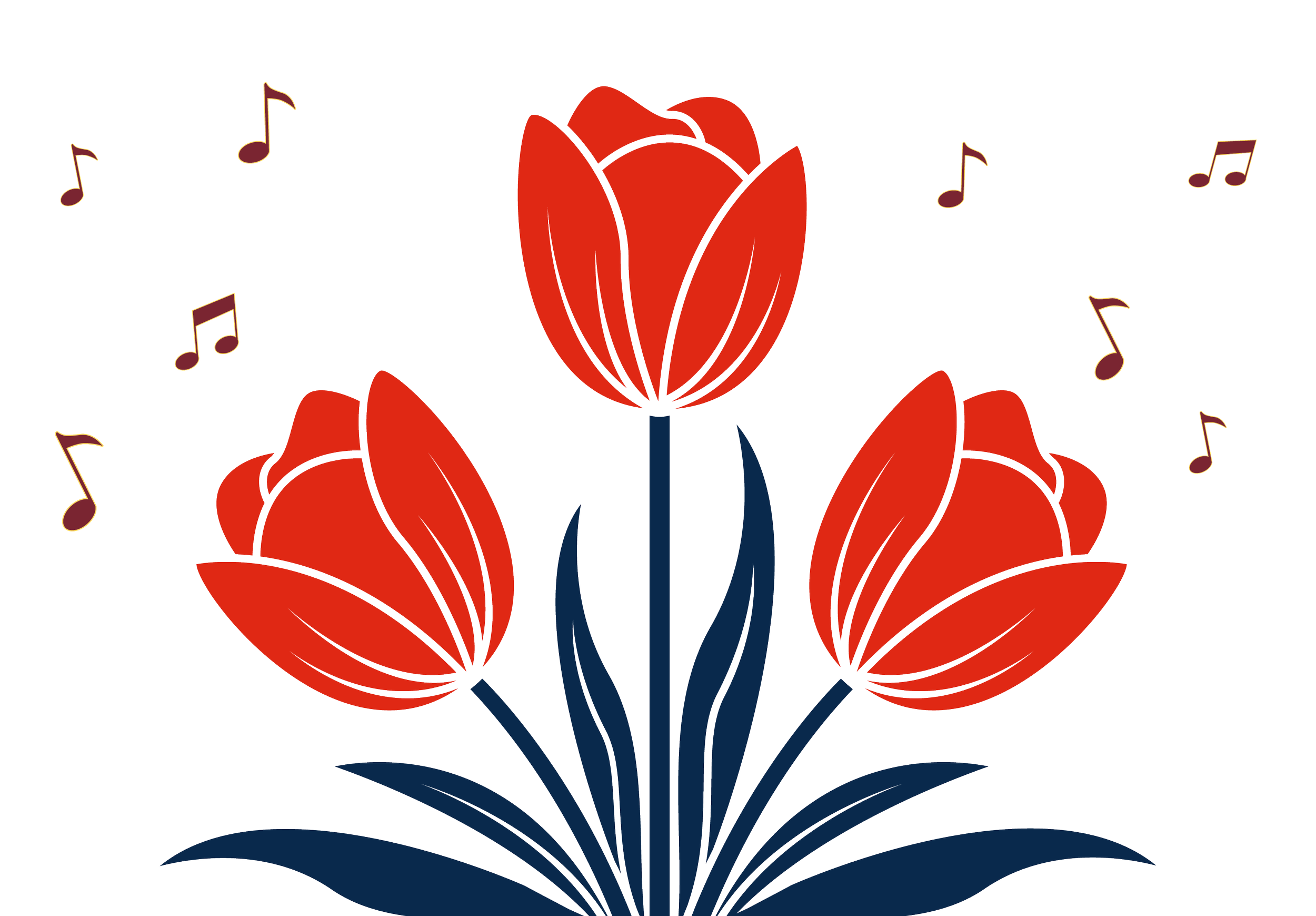 Stylized illustration of three red flowers with dark blue stems and leaves, surrounded by floating musical notes.