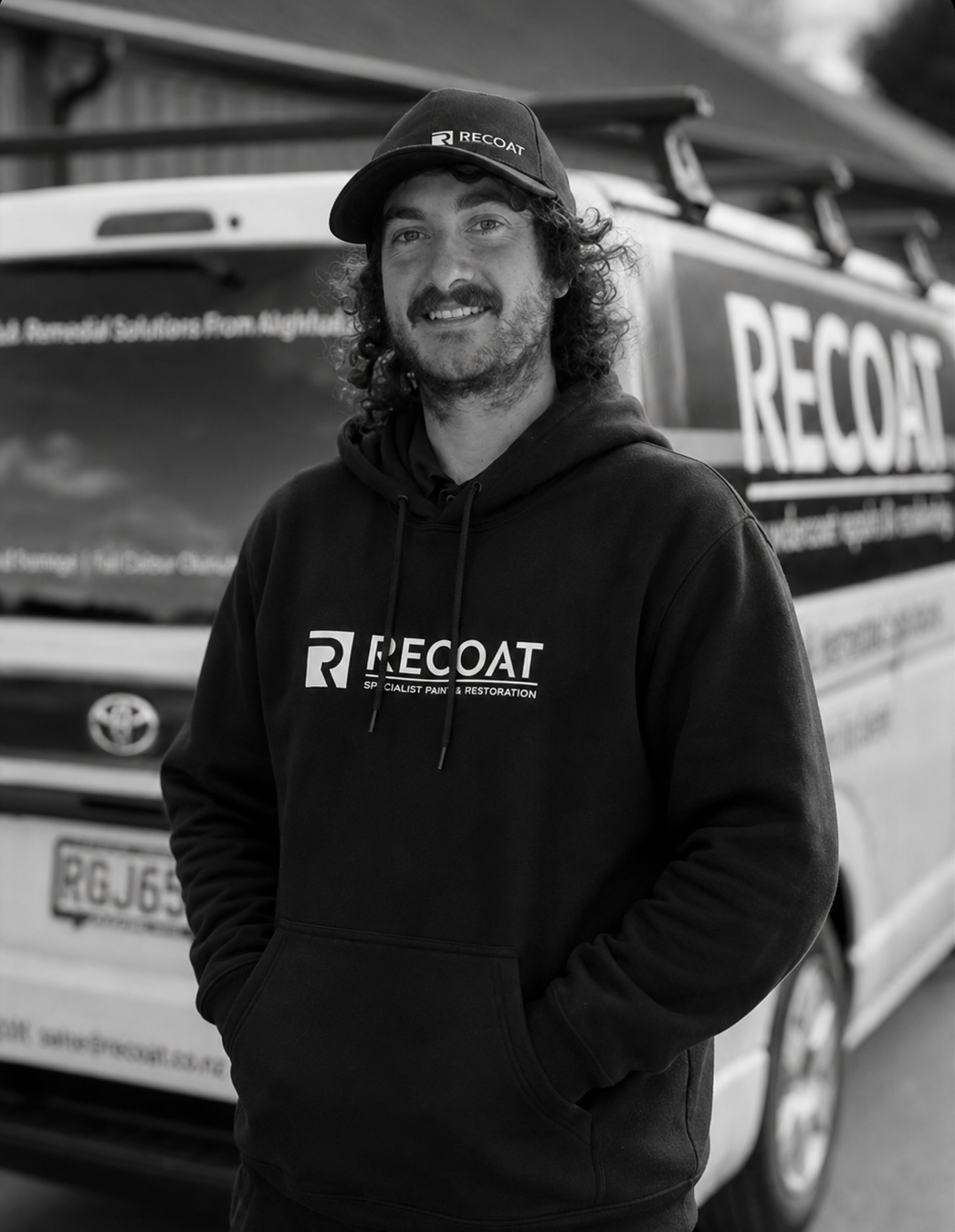 A man wearing a RECOAT hoodie and cap standing in front of a RECOAT vehicle, smiling at the camera.