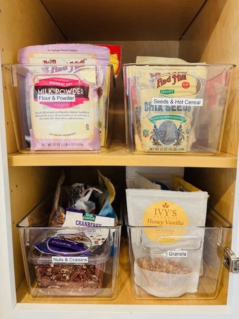 Labeled pantry bins keep everything together and accessible