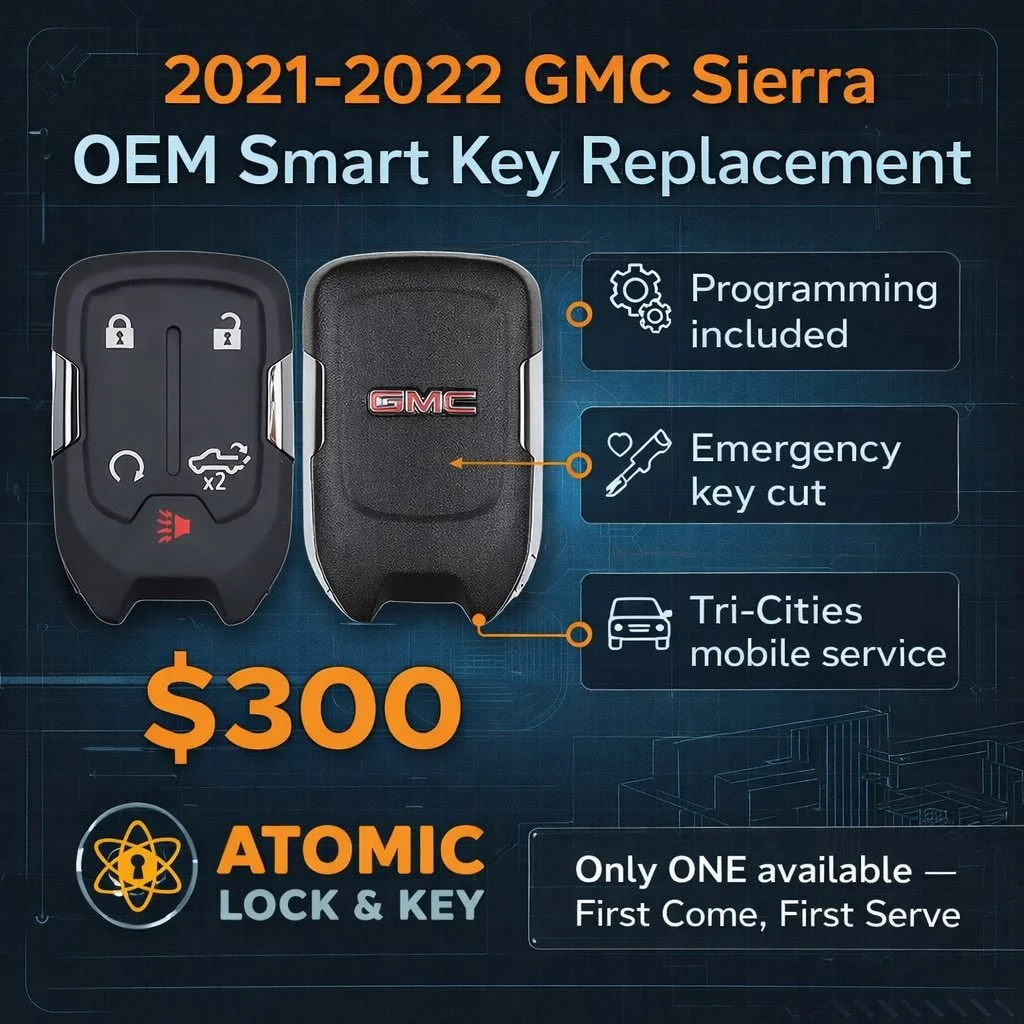 Looking for a 2021&ndash;2022 GMC Sierra (push-to-start) owner with a worn or damaged 5-button smart key.

I&rsquo;m offering a special $300 OEM-style replacement with GMC logo (example shown), which includes:
&bull; Programming
&bull; Emergency key 