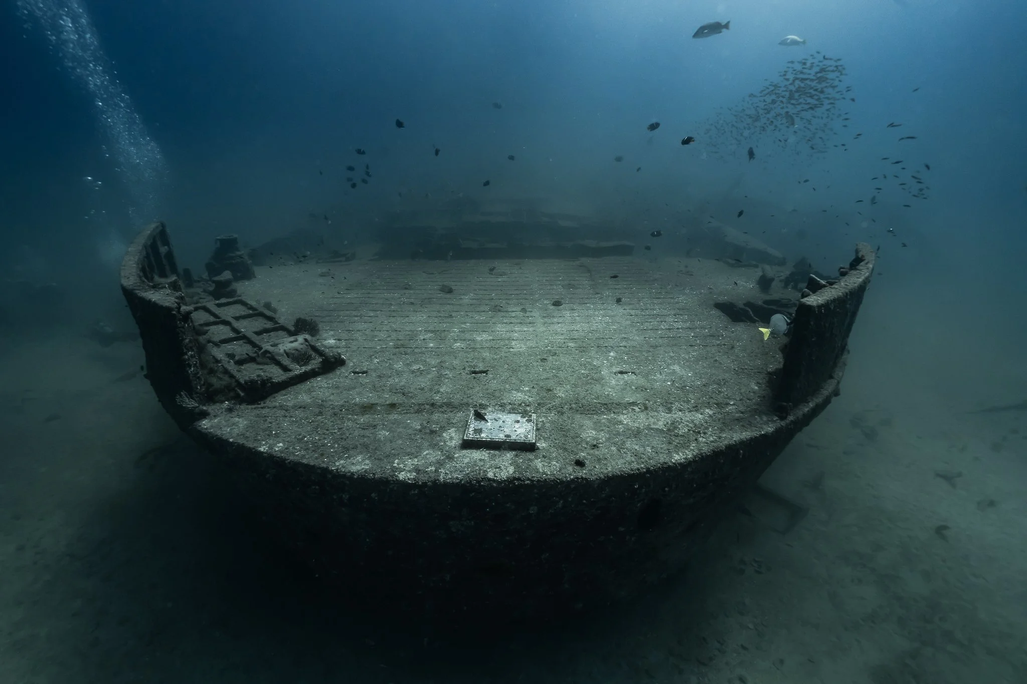 Restos de un submarino sumergido en el fondo del océano, rodeado de peces.