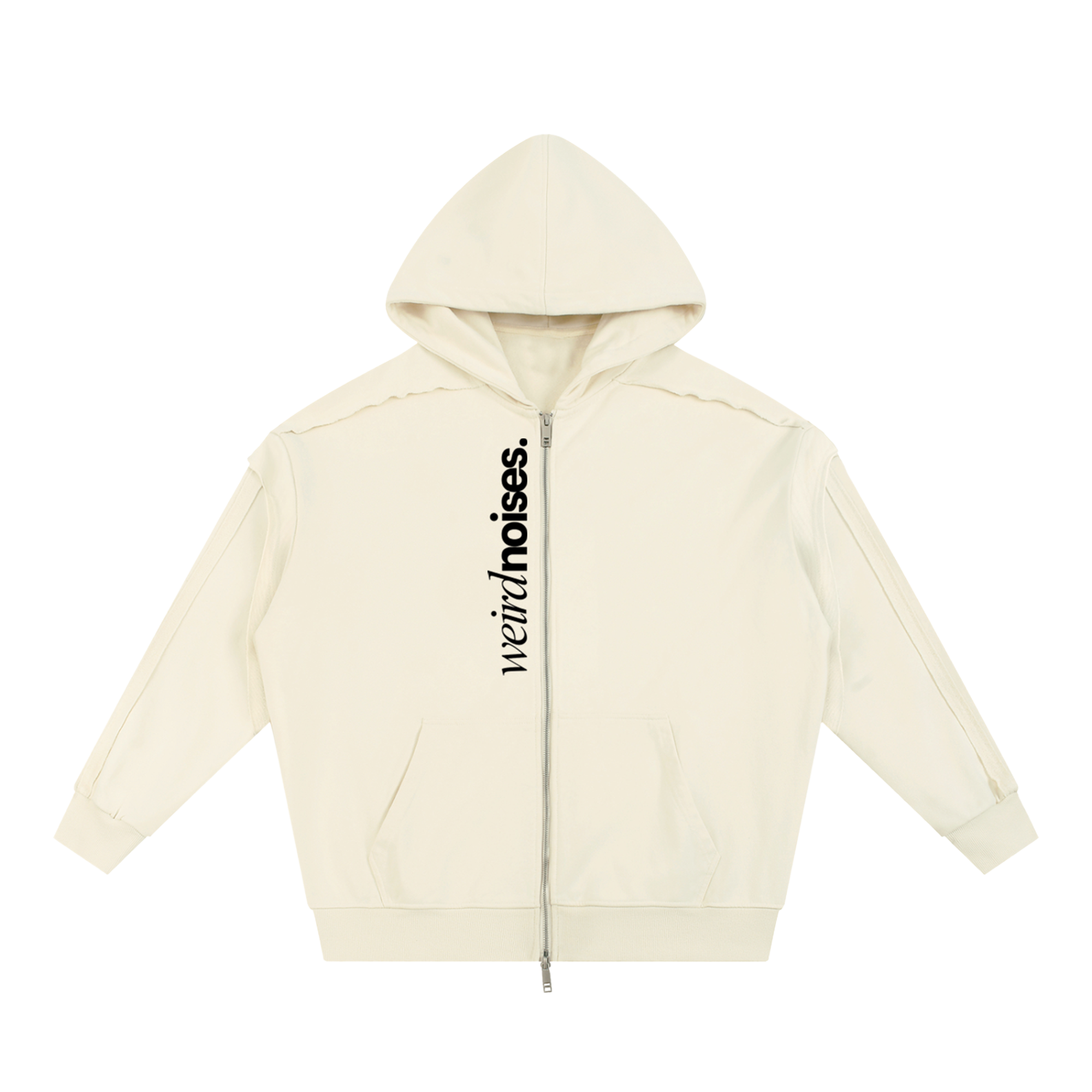 Hoodie Number Three - Make (Multiple Colors) - Cream zip-up hoodie, front view. Vertical black text printed along the zipper line reads 'weird noises.'.
