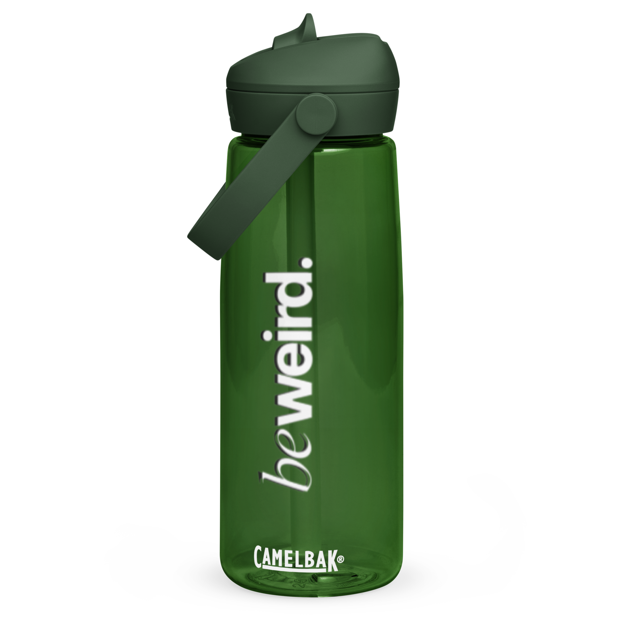 Stay Hydrated - beweird.' Green CamelBak Water Bottle. Features the slogan in vertical white serif typography on a translucent olive green bottle.