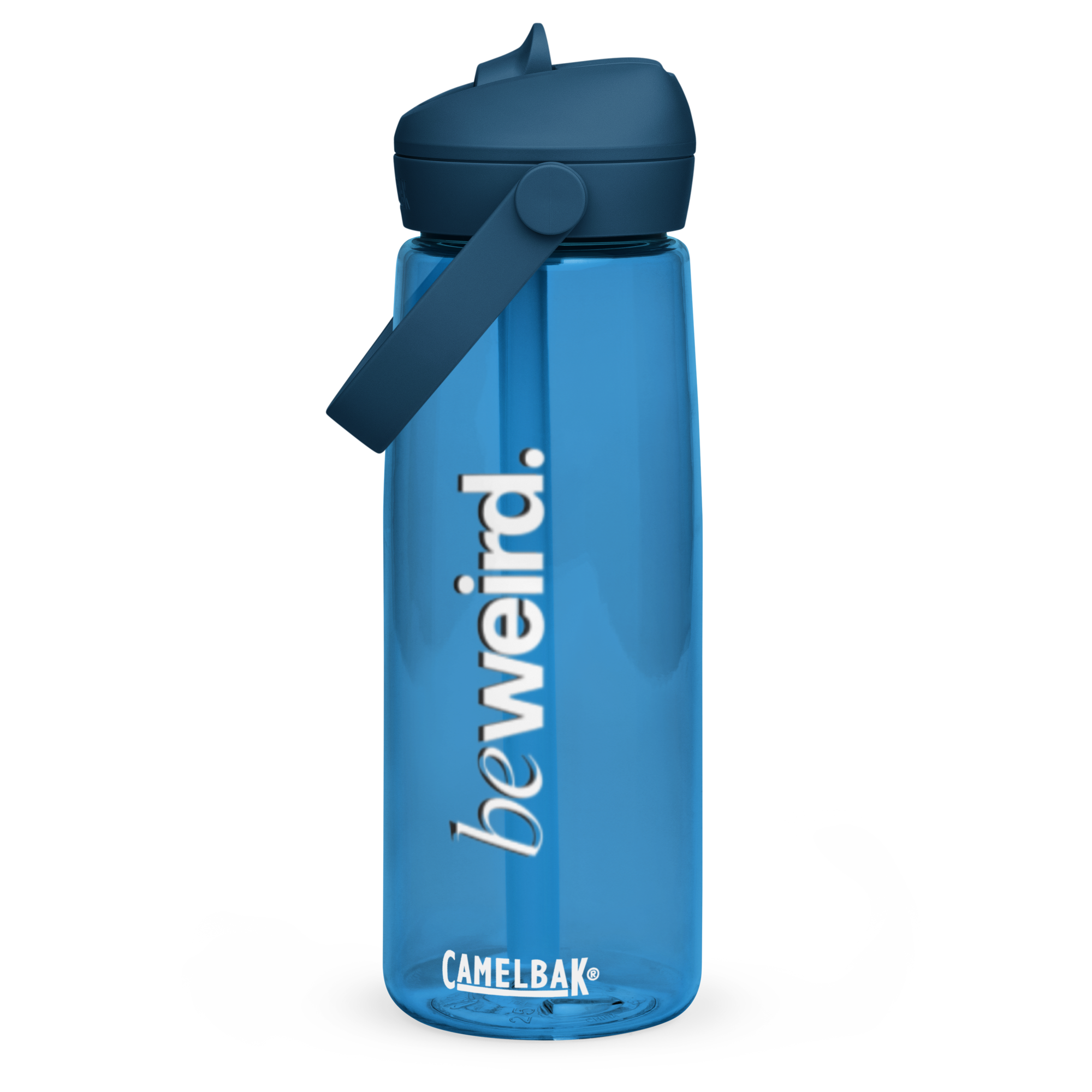Stay Hydrated - beweird.' Blue CamelBak Water Bottle. Features the slogan in vertical white serif typography on a translucent blue bottle.