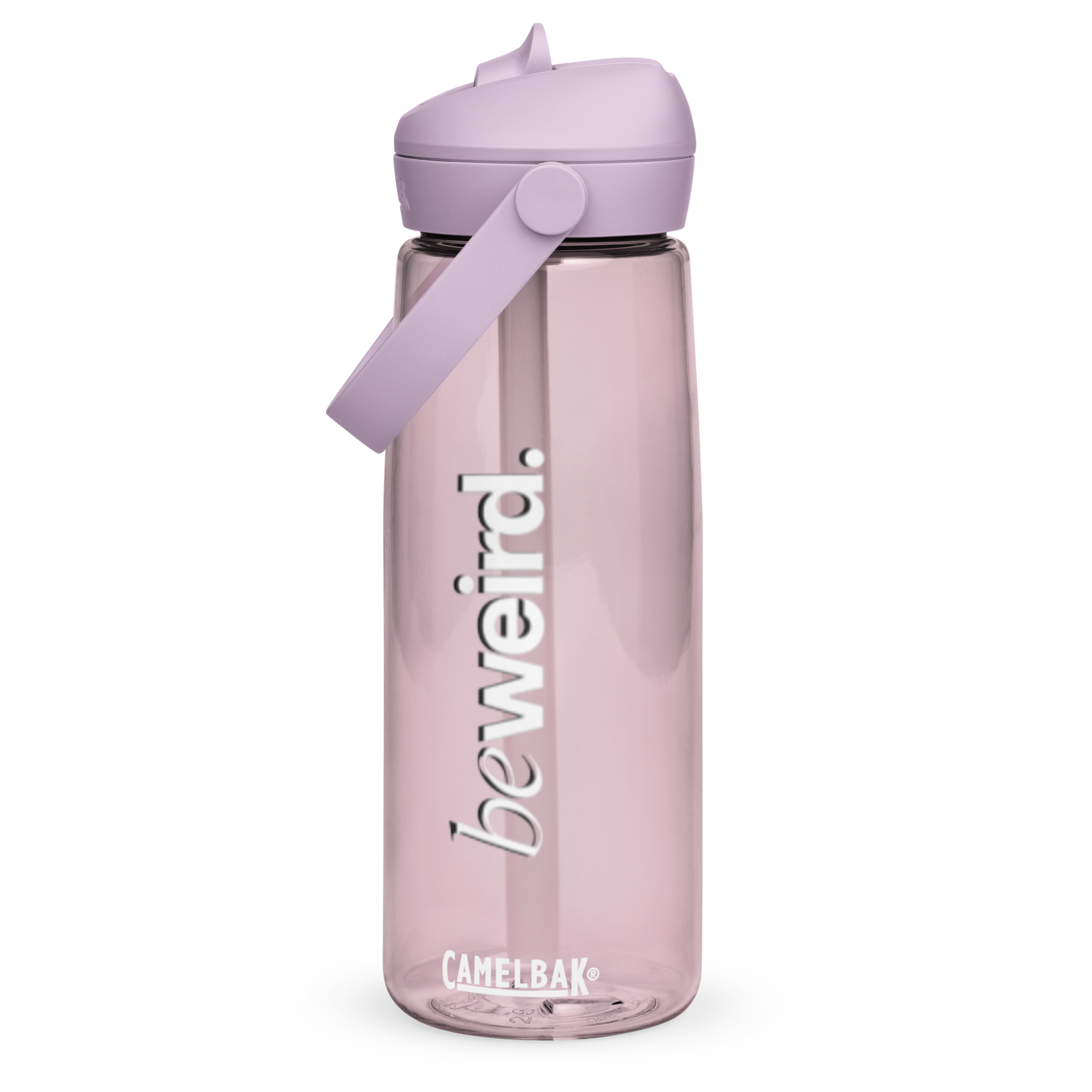 Stay Hydrated - beweird.' Pink CamelBak Water Bottle. Features the slogan in vertical white serif typography on a translucent light pink bottle.