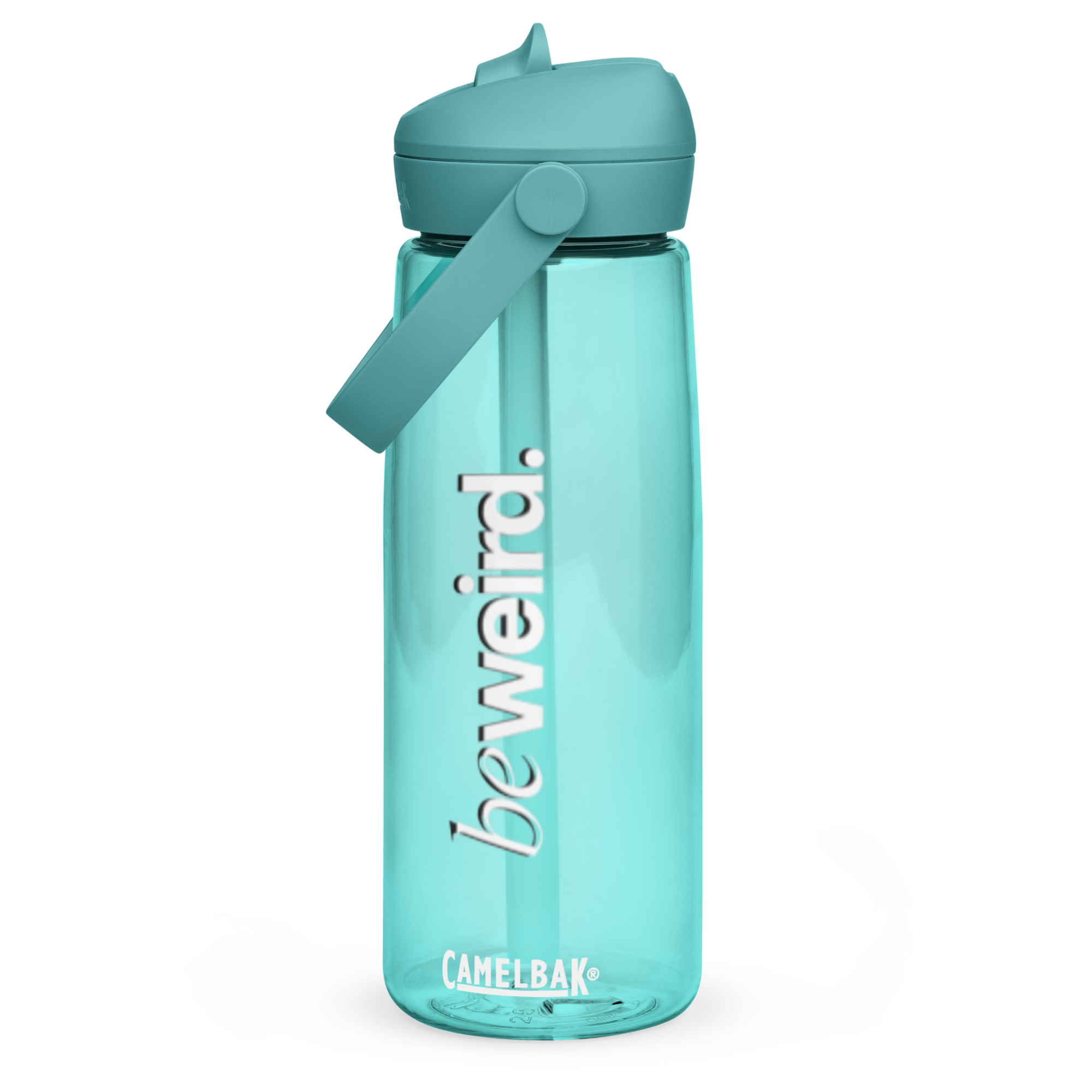 Stay Hydrated - beweird.' Teal CamelBak Water Bottle. Features the slogan in vertical white serif typography on a translucent light teal bottle.