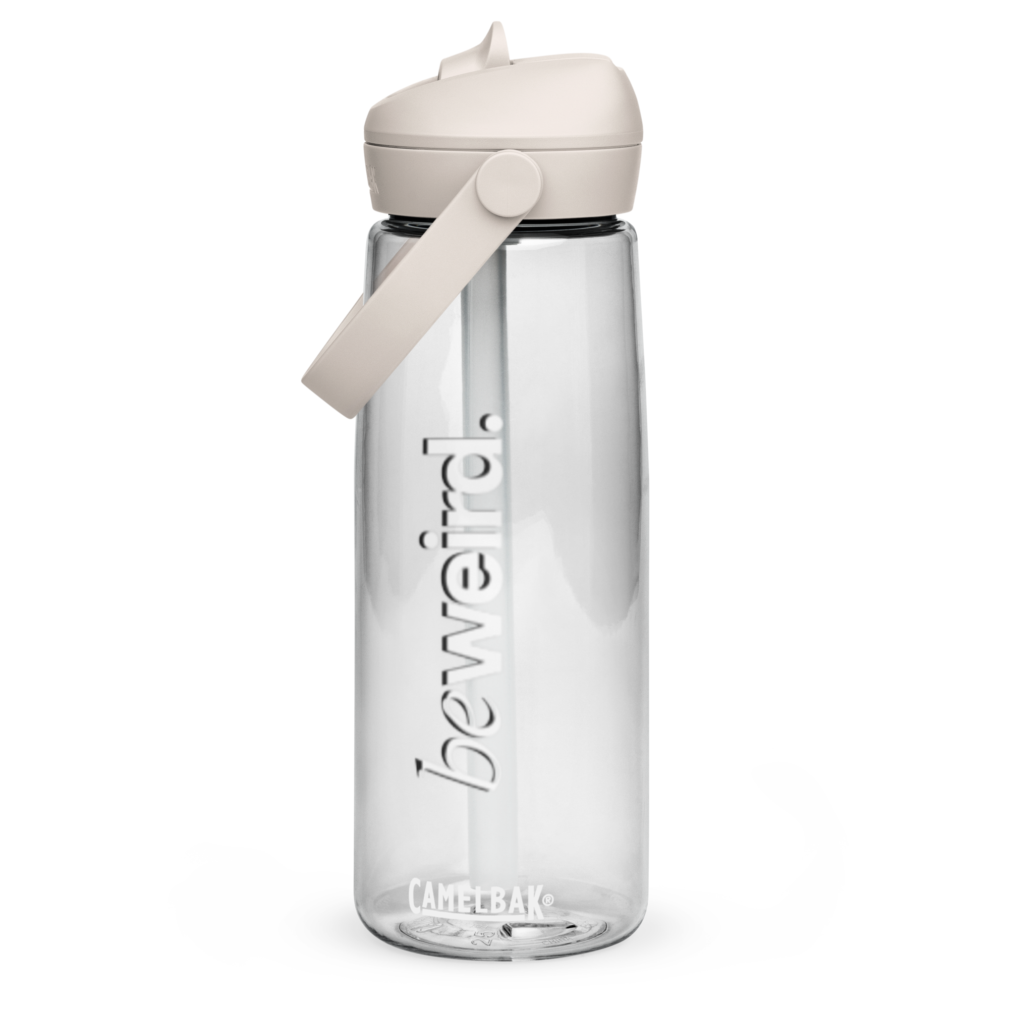 Stay Hydrated - beweird.' Clear CamelBak Water Bottle. Features the slogan in vertical white serif typography.