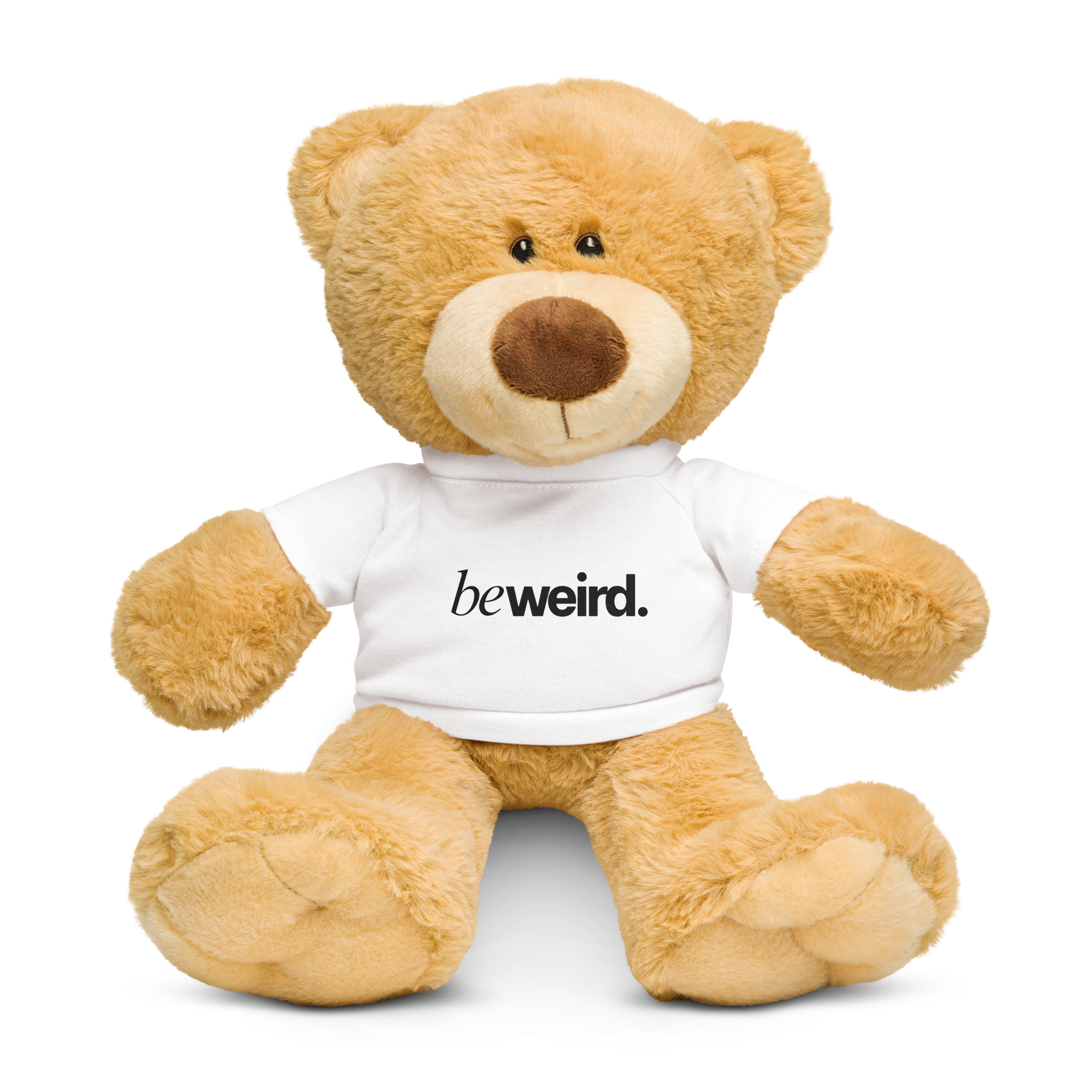 Teddy - beweird.' Plush Teddy Bear. Wears a white t-shirt featuring the slogan in black serif text.