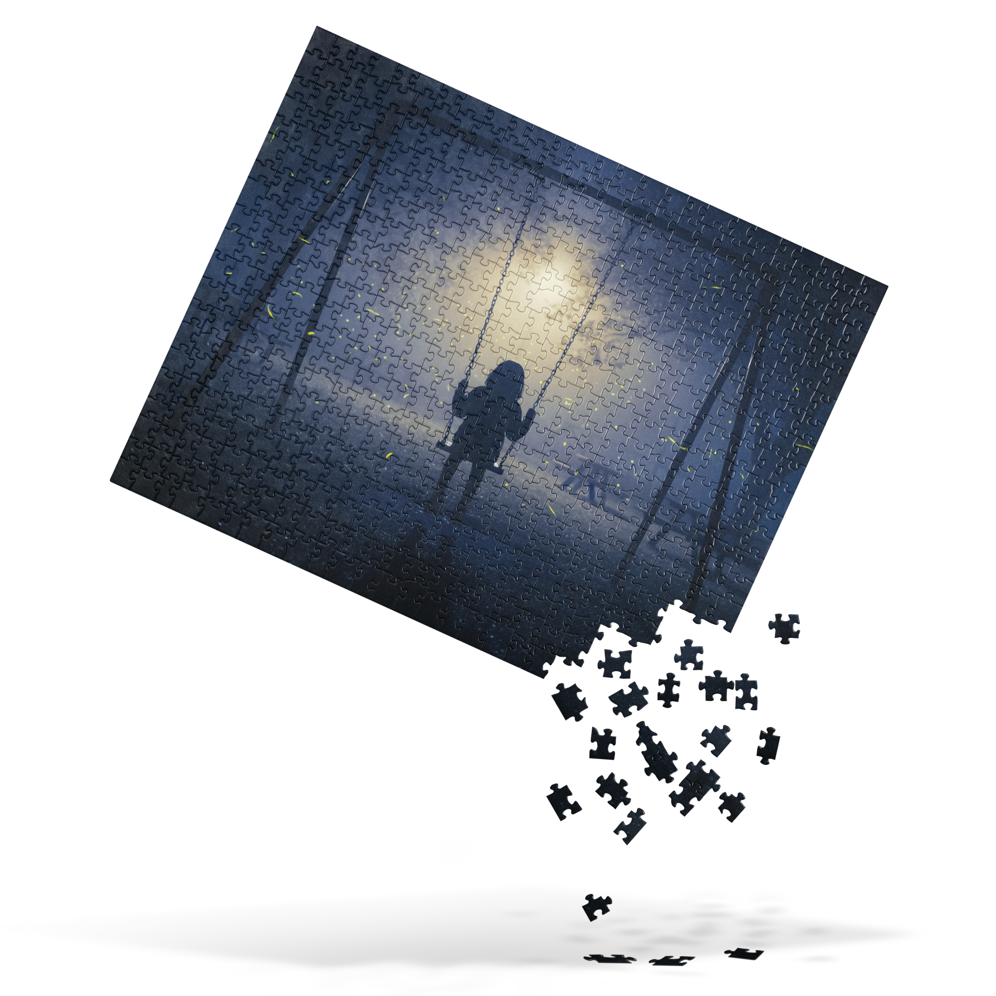 Puzzle - Divide Theory - Jigsaw puzzle. Shows the completed swing artwork with loose puzzle pieces scattering at the bottom.