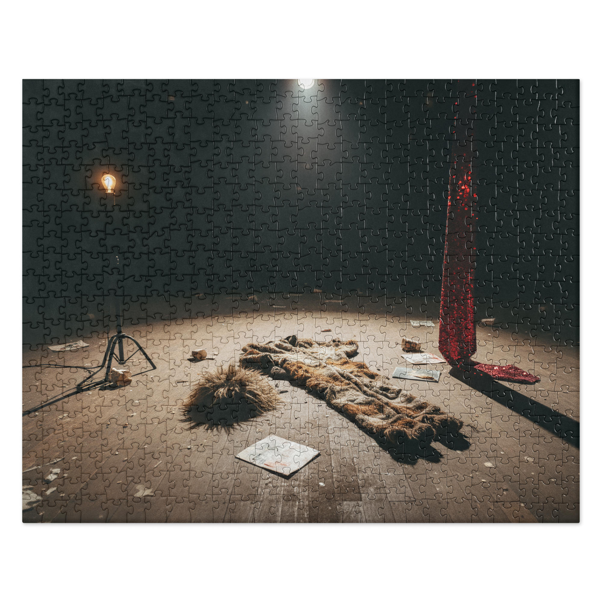 Puzzle - Stable Geniuses at the End of the World - Completed jigsaw puzzle. Artwork depicts a dramatic scene with a faux-fur coat and red sequined fabric, lit by a single stage light.