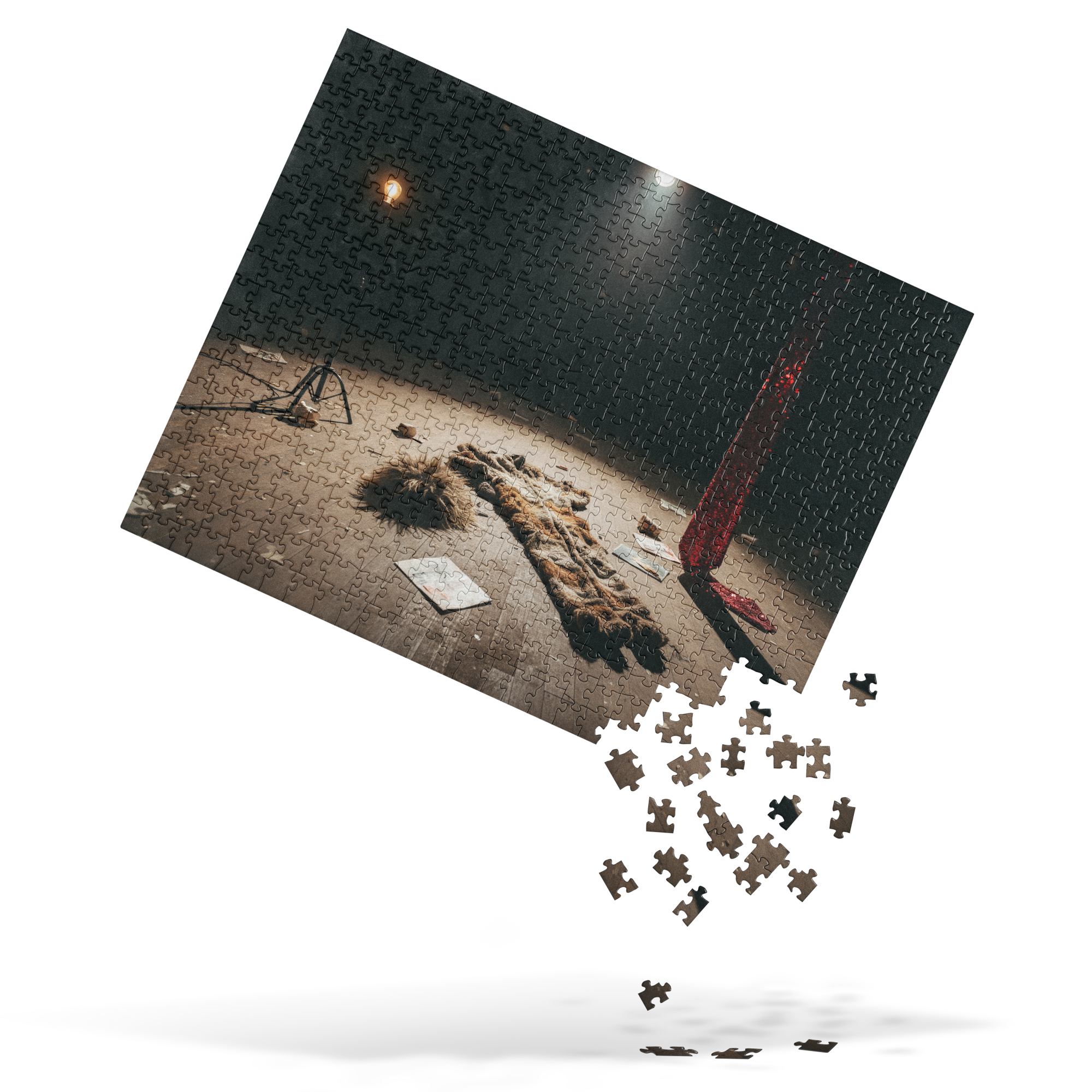 Puzzle - Stable Geniuses at the End of the World - Jigsaw puzzle. Shows the spotlight scene artwork with scattering loose puzzle pieces.
