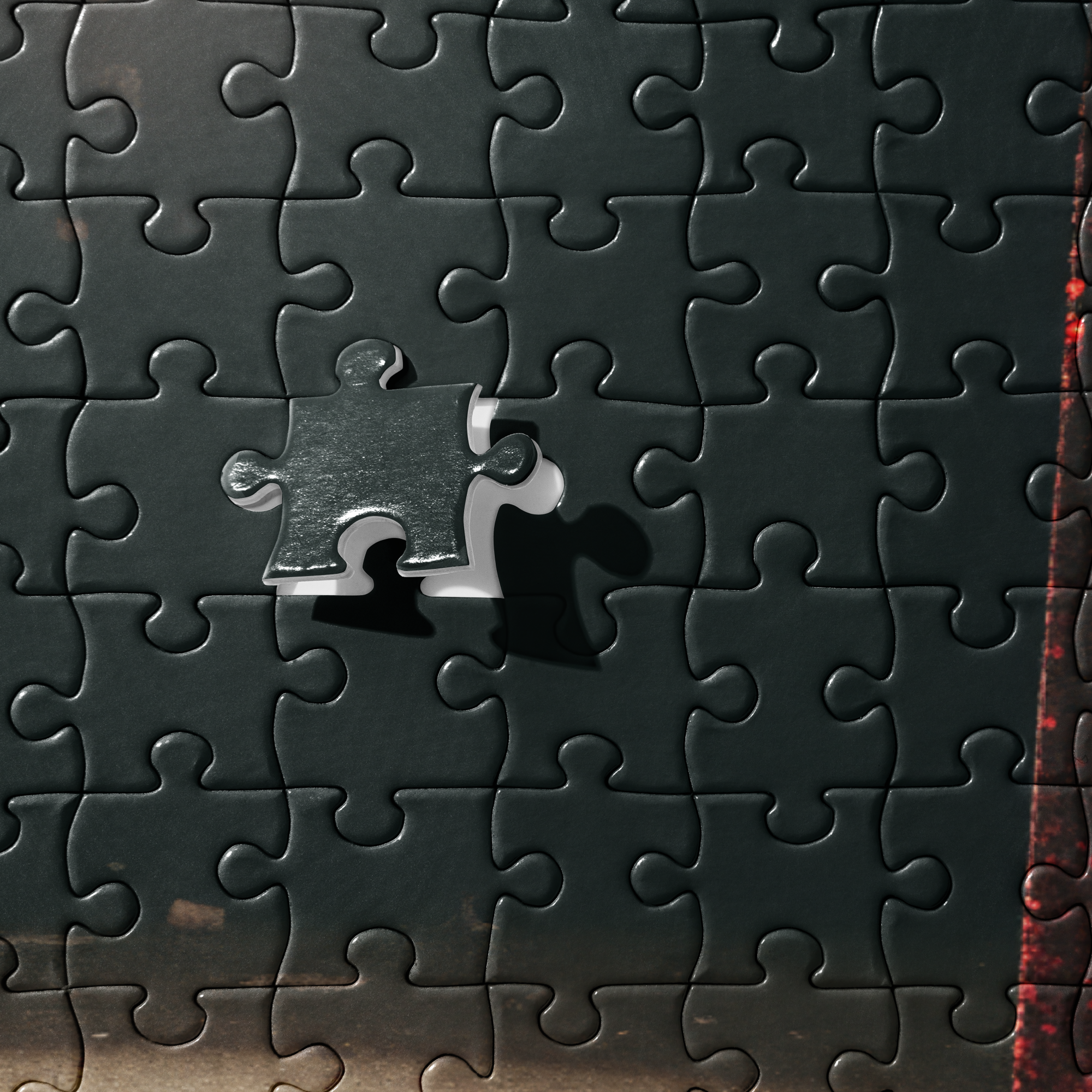 Puzzle - Stable Geniuses at the End of the World - Close-up detail of jigsaw puzzle pieces. Highlights the dark floor texture and light reflection.