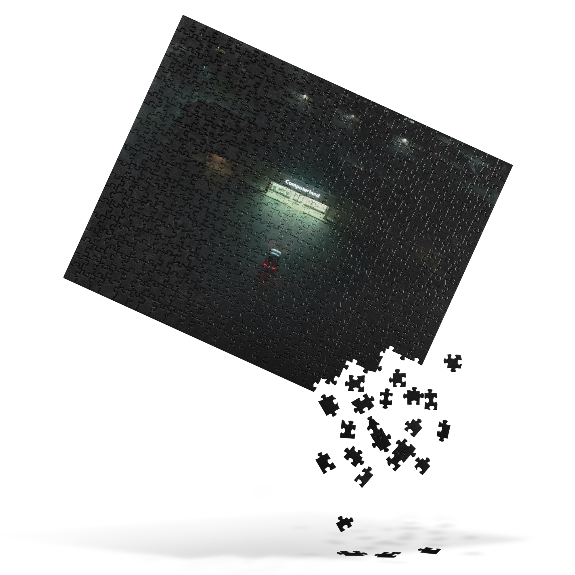 Puzzle - Fluorescent - Jigsaw puzzle. Shows the 'Computerland' night scene artwork with loose puzzle pieces scattering at the bottom.