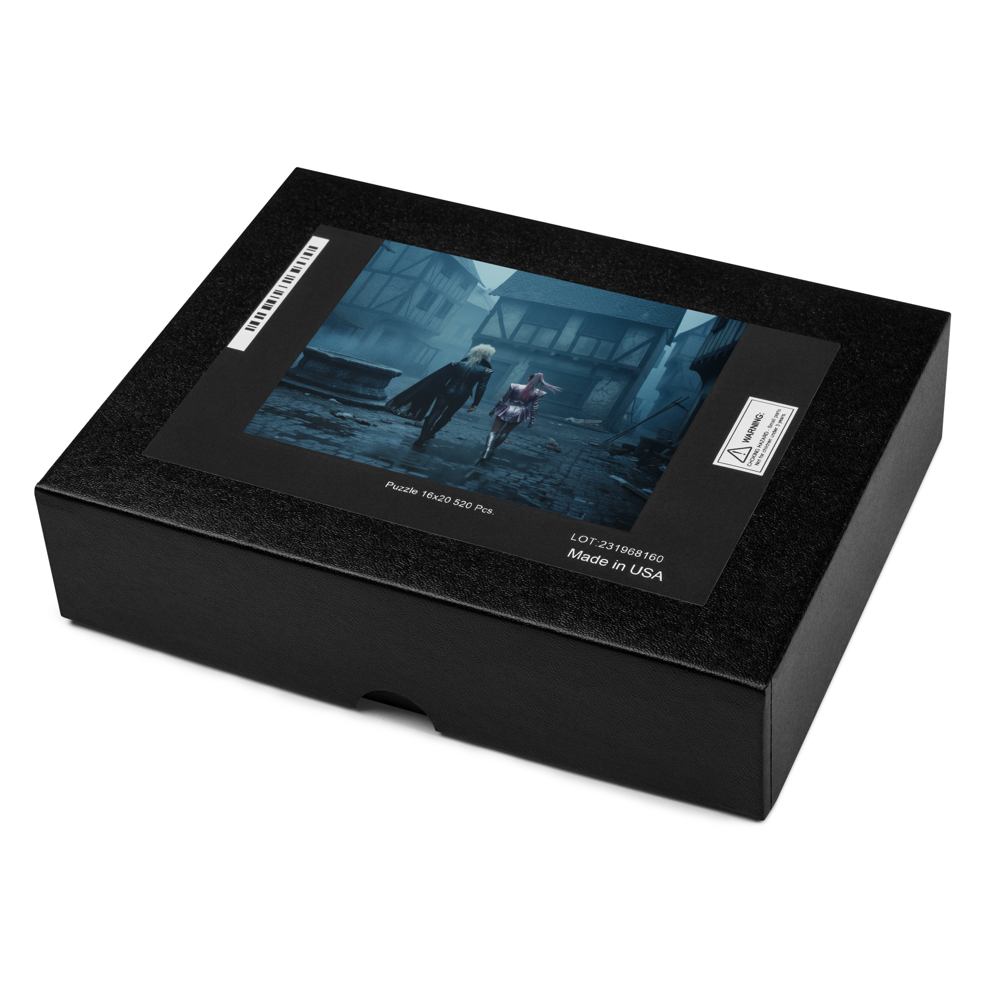 Puzzle - Vlad and the Impalers - Black jigsaw puzzle box. Lid features artwork of two figures walking through a rainy medieval stone village.