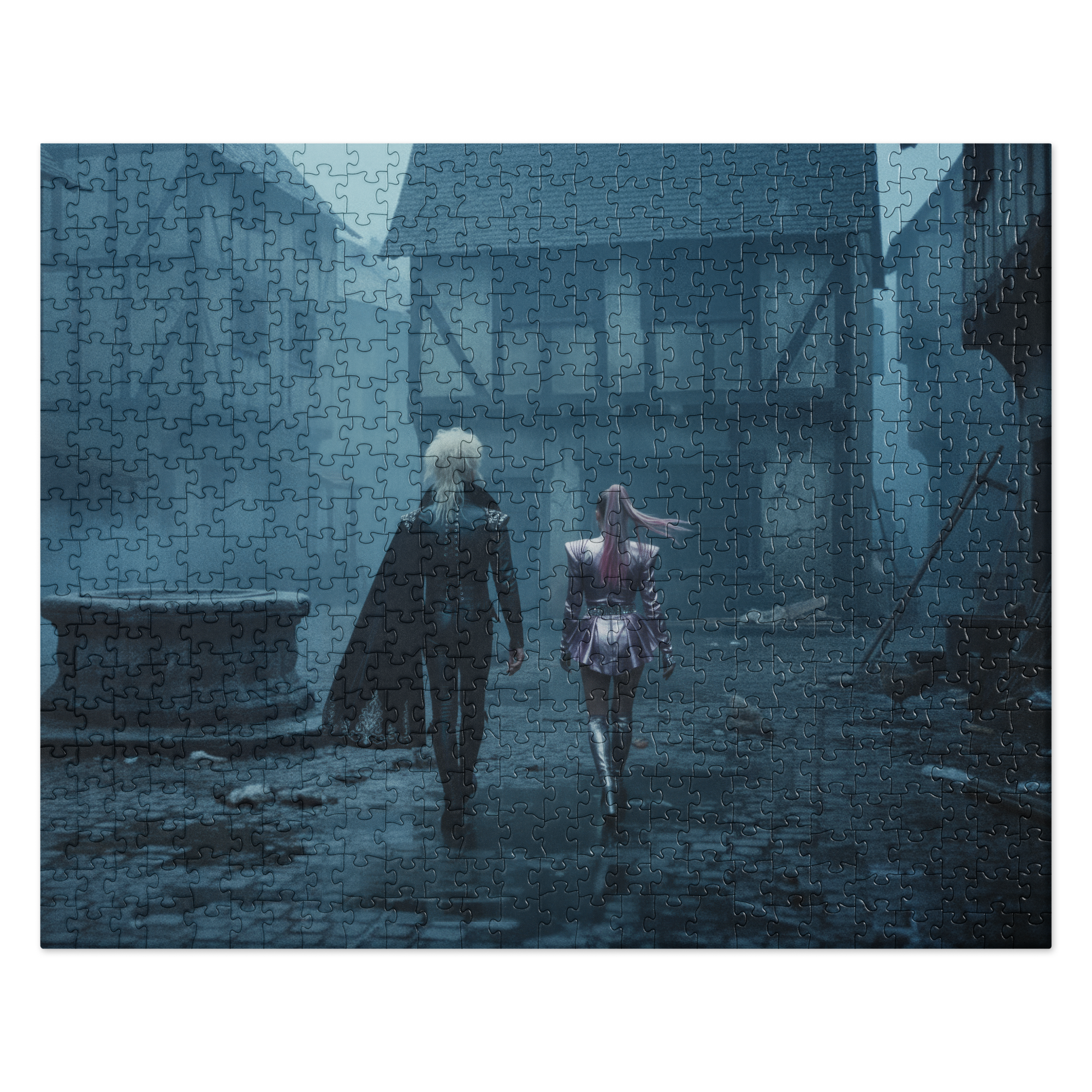 Puzzle - Vlad and the Impalers - Completed jigsaw puzzle. Artwork depicts a white-haired figure in a black cloak and a pink-haired figure walking away down a rainy cobblestone street.